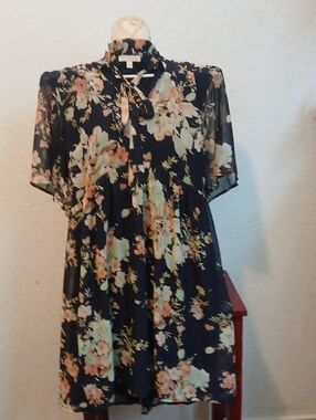 Gianni Bini Navy Floral Tie-Neck Babydoll Dress